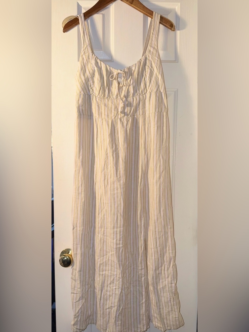 American Eagle NWT Linen Blend Striped Maxi Dress Tie Front Smocked Back M